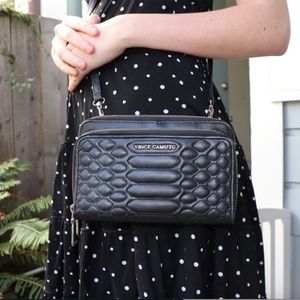VINCE CAMUTO BLACK QUILTED LEATHER CROSSBODY BAG OR CLUTCH